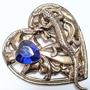 Vtg giant Heart-Shaped Brooch with Blue Gem and Lizard Design